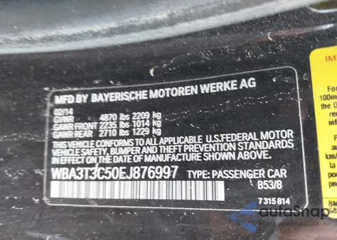 2014 BMW 435I I from USA, damaged, VIN WBA3T3C50EJ876997